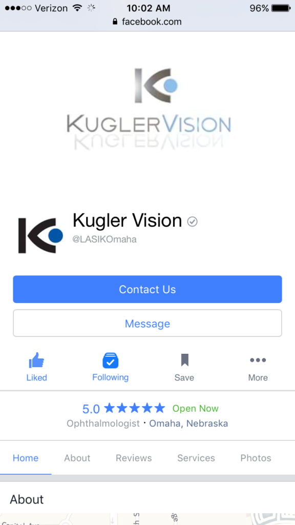 kugler vision facebook page on mobile 
