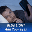 man looking at smartphone with text box saying blue light and your eyes