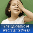 young girl covering eye with text block saying the epidemic of nearsightedness