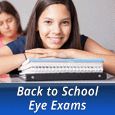 girl with back to school eye exams text block